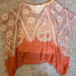 Anthropologie Maeve Bohemian Orange And Pink Silk Tunic Patterned Top Women's  S